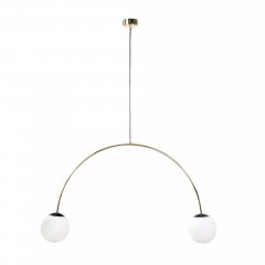 Lampa wisząca BOW na 2 żarówki – złoty łuk z białymi kulami