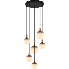 Lampa wisząca NUA na 6 żarówek – czarno-złota z kulami z mlecznego szkła